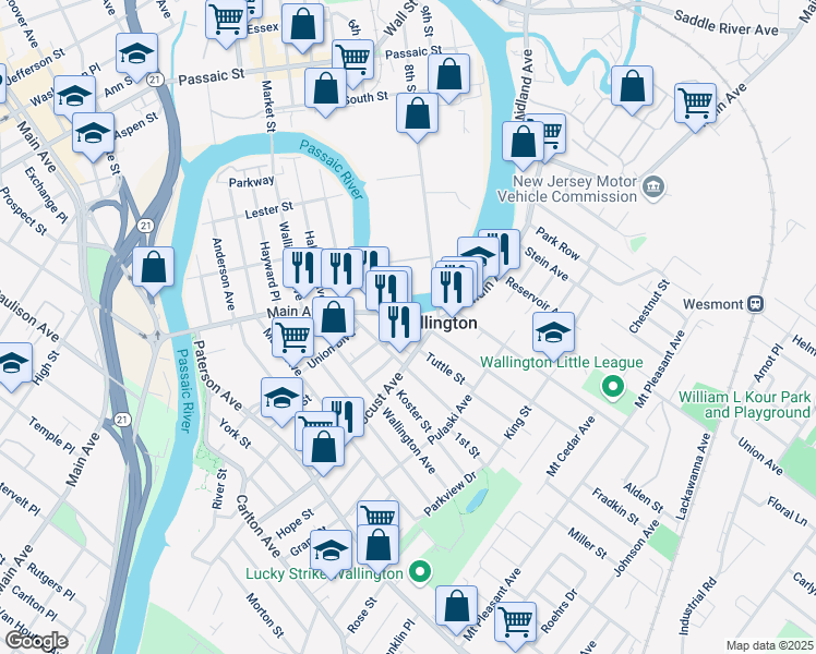 map of restaurants, bars, coffee shops, grocery stores, and more near 127 Locust Avenue in Wallington