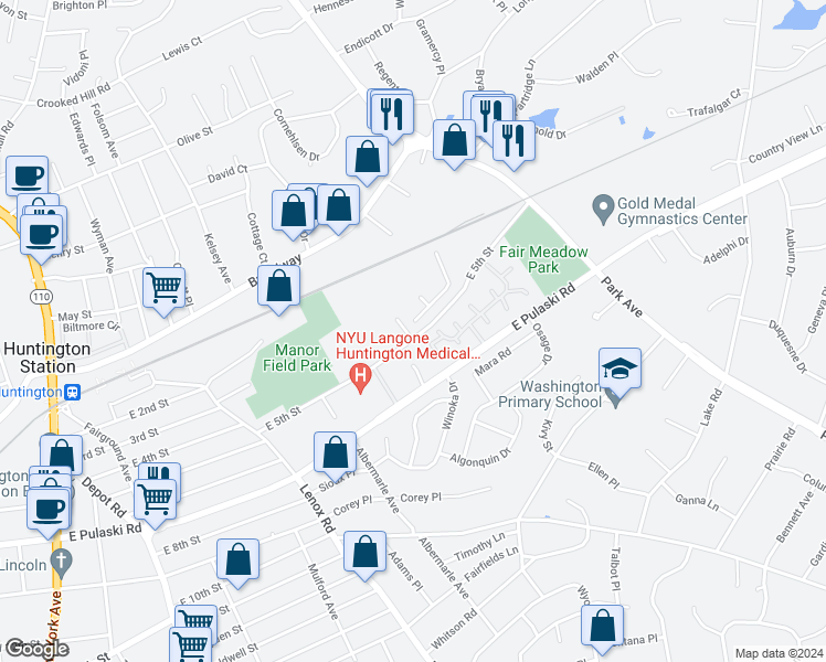 map of restaurants, bars, coffee shops, grocery stores, and more near 2607 East 5th Street in Huntington Station