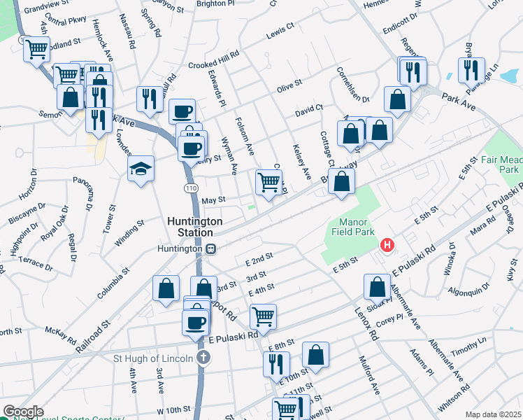 map of restaurants, bars, coffee shops, grocery stores, and more near 100 Broadway in Huntington Station