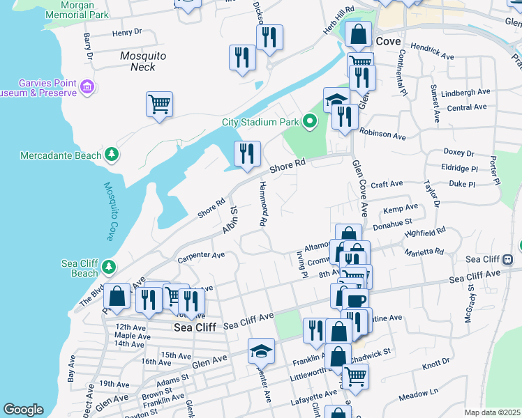 map of restaurants, bars, coffee shops, grocery stores, and more near 34 Hammond Road in Glen Cove
