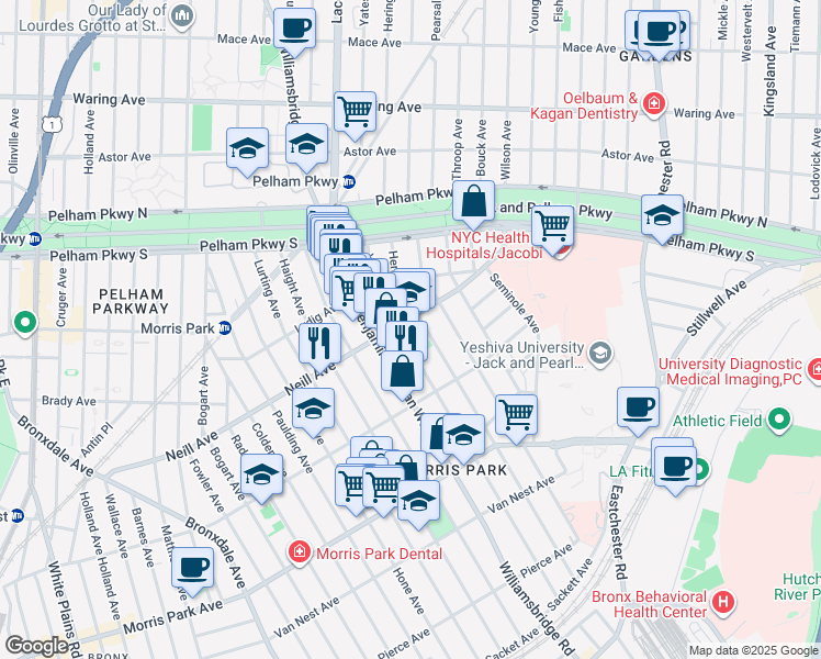 map of restaurants, bars, coffee shops, grocery stores, and more near 1935 Hering Avenue in The Bronx