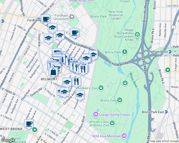 map of restaurants, bars, coffee shops, grocery stores, and more near 2408 Prospect Avenue in Bronx