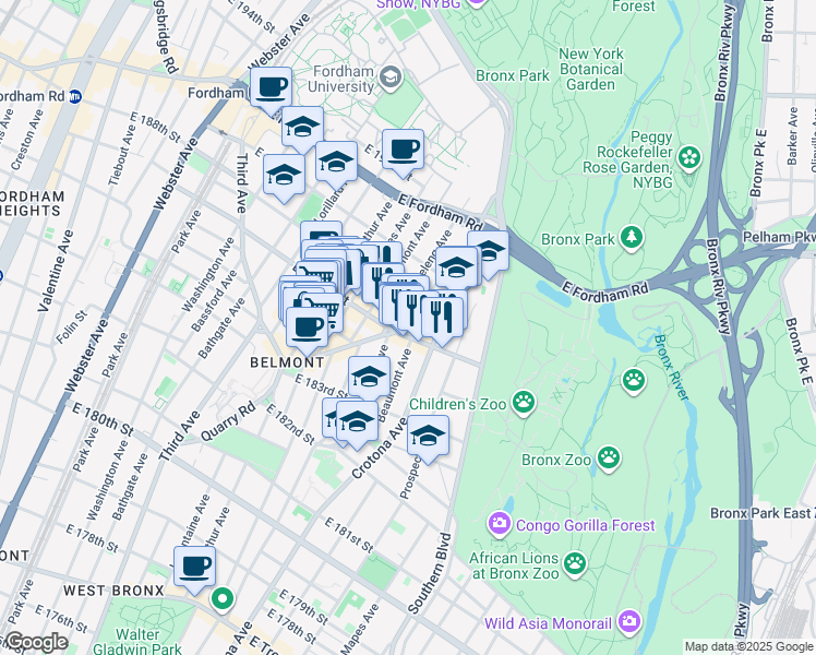 map of restaurants, bars, coffee shops, grocery stores, and more near in The Bronx