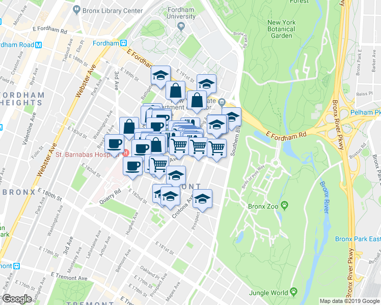 map of restaurants, bars, coffee shops, grocery stores, and more near in The Bronx