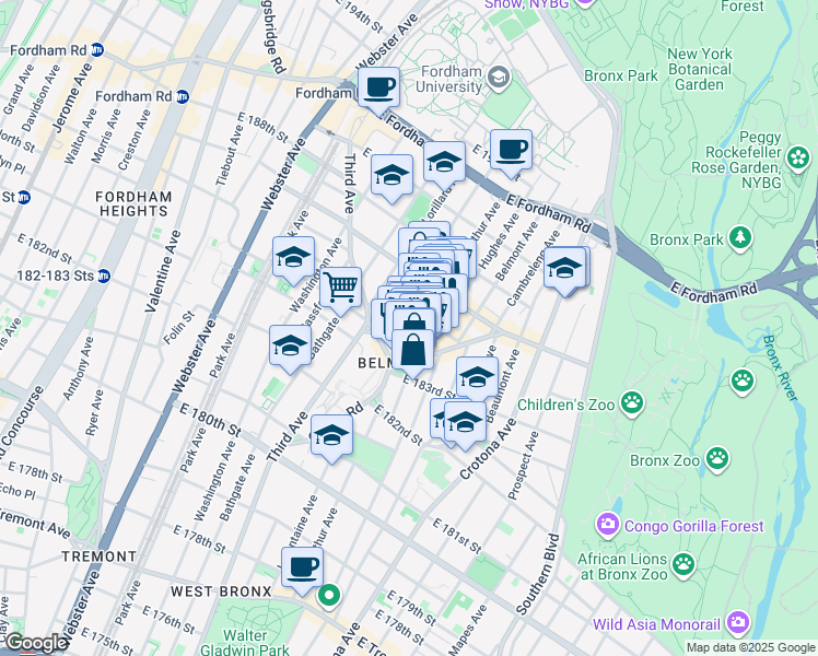 map of restaurants, bars, coffee shops, grocery stores, and more near 2334 Arthur Avenue in Bronx