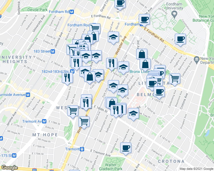 map of restaurants, bars, coffee shops, grocery stores, and more near 4455 Park Avenue in The Bronx
