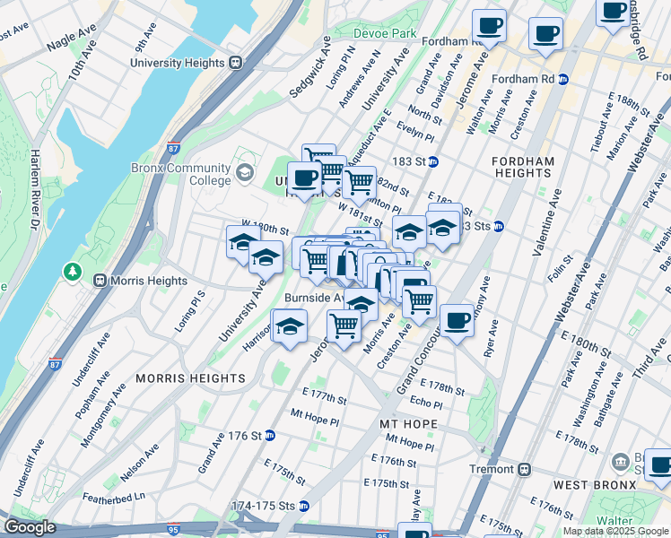 map of restaurants, bars, coffee shops, grocery stores, and more near 25 West Burnside Avenue in The Bronx