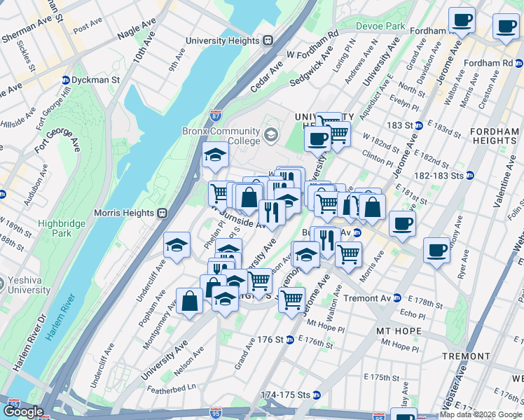 map of restaurants, bars, coffee shops, grocery stores, and more near 1899 Andrews Avenue South in Bronx