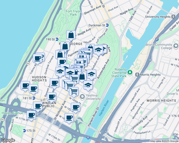 map of restaurants, bars, coffee shops, grocery stores, and more near 559 West 189th Street in New York