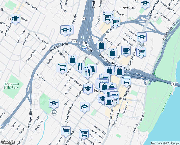 map of restaurants, bars, coffee shops, grocery stores, and more near 2000 Linwood Avenue in Fort Lee