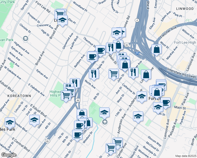 map of restaurants, bars, coffee shops, grocery stores, and more near 1611 Valley Street in Fort Lee