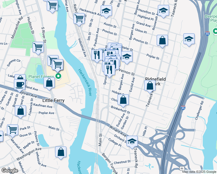 map of restaurants, bars, coffee shops, grocery stores, and more near 15 Hobart Street in Ridgefield Park
