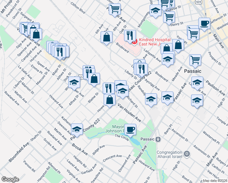 map of restaurants, bars, coffee shops, grocery stores, and more near 424 Van Houten Avenue in Passaic