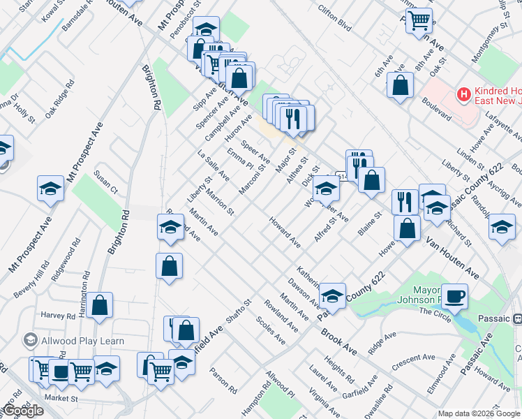 map of restaurants, bars, coffee shops, grocery stores, and more near 95 Howard Avenue in Clifton