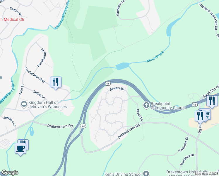 map of restaurants, bars, coffee shops, grocery stores, and more near 119 Sowers Drive in Hackettstown