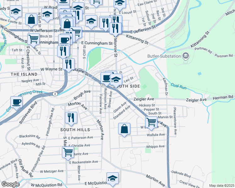 map of restaurants, bars, coffee shops, grocery stores, and more near 359 Michael Avenue in Butler