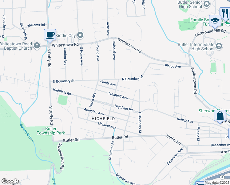map of restaurants, bars, coffee shops, grocery stores, and more near 203 Campbell Avenue in Butler