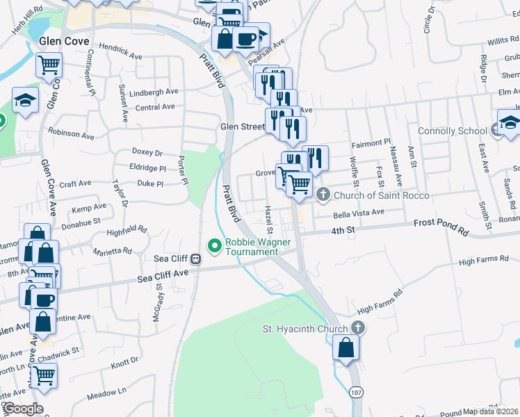 map of restaurants, bars, coffee shops, grocery stores, and more near 36 Carney Street in Glen Cove
