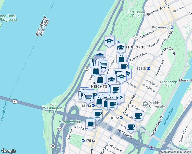 map of restaurants, bars, coffee shops, grocery stores, and more near 187 Pinehurst Avenue in New York
