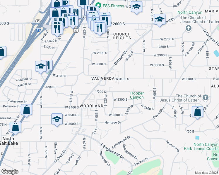 map of restaurants, bars, coffee shops, grocery stores, and more near 3131 500 West in Bountiful