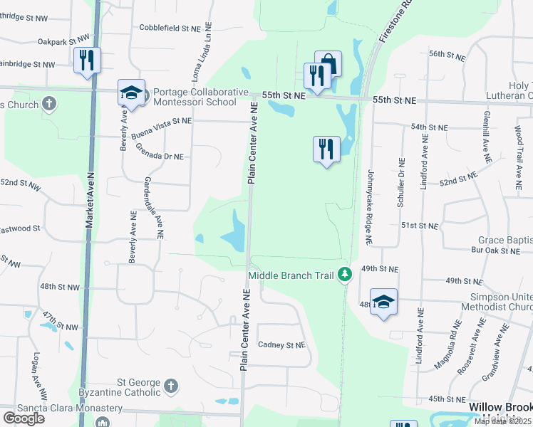 map of restaurants, bars, coffee shops, grocery stores, and more near 5120 Plain Center Avenue Northeast in Canton