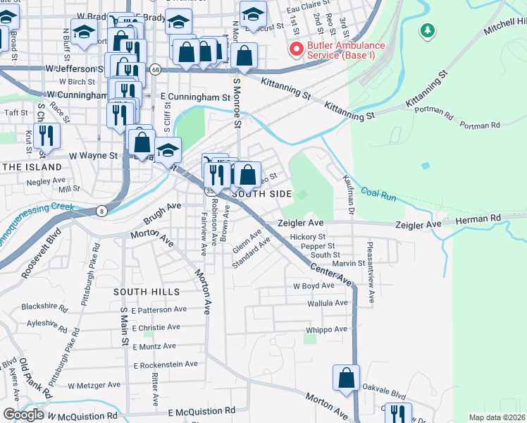 map of restaurants, bars, coffee shops, grocery stores, and more near in Butler