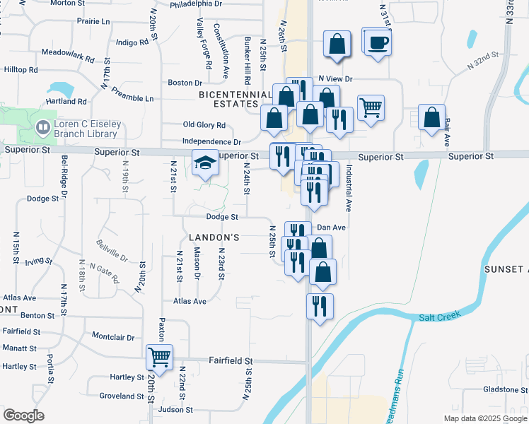 map of restaurants, bars, coffee shops, grocery stores, and more near 2415 Dodge Street in Lincoln