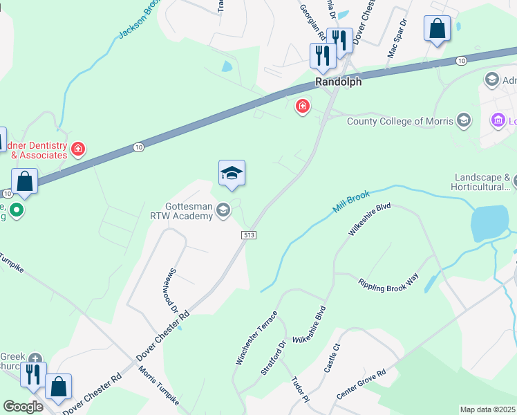 map of restaurants, bars, coffee shops, grocery stores, and more near 140 Dover Chester Road in Randolph