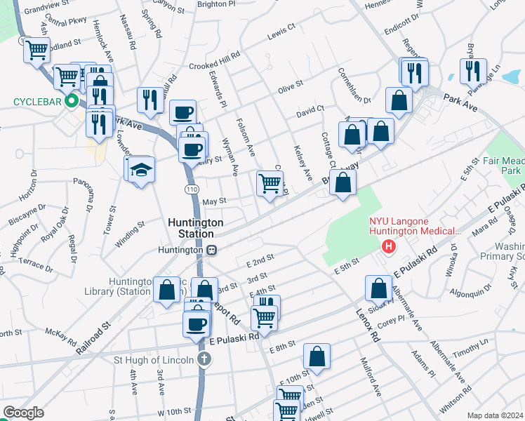 map of restaurants, bars, coffee shops, grocery stores, and more near 129 Broadway in Huntington Station