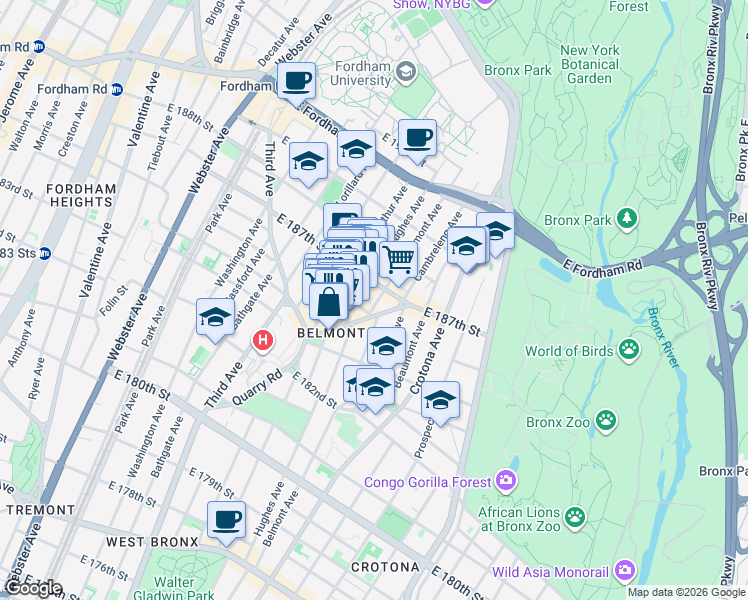 map of restaurants, bars, coffee shops, grocery stores, and more near 631 Crescent Avenue in Bronx