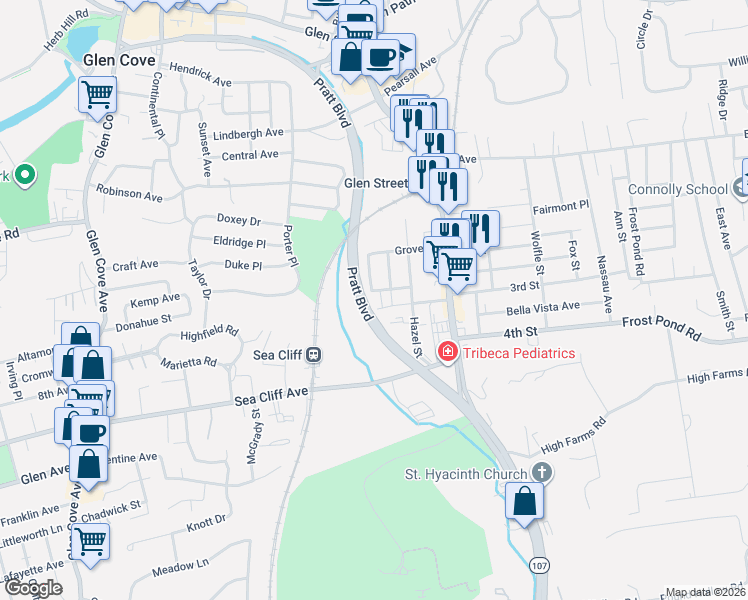 map of restaurants, bars, coffee shops, grocery stores, and more near 1 Pratt Boulevard in Glen Cove