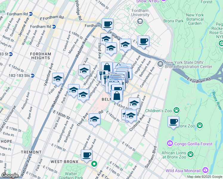 map of restaurants, bars, coffee shops, grocery stores, and more near in The Bronx
