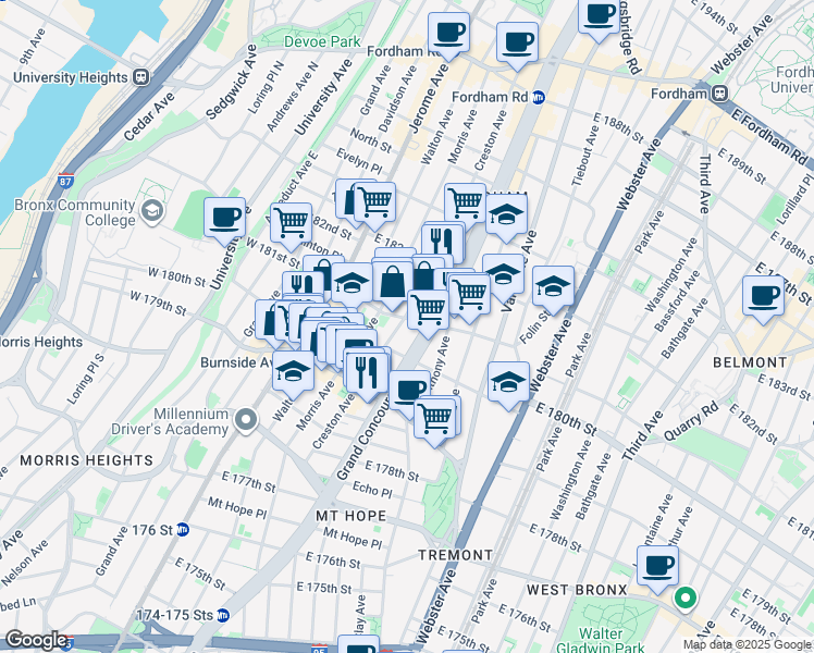 map of restaurants, bars, coffee shops, grocery stores, and more near 2100 Creston Avenue in Bronx