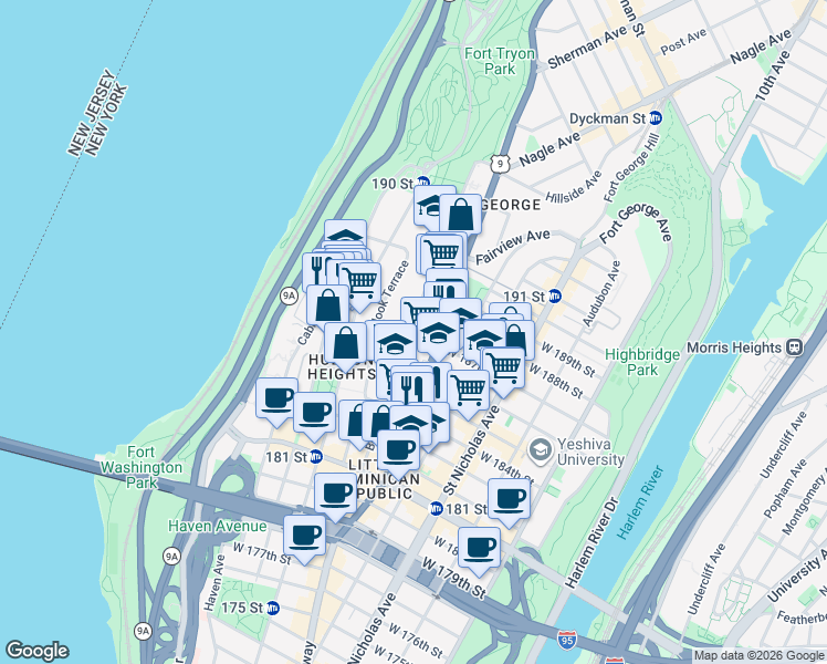map of restaurants, bars, coffee shops, grocery stores, and more near W 187th St & Bennett Ave in New York