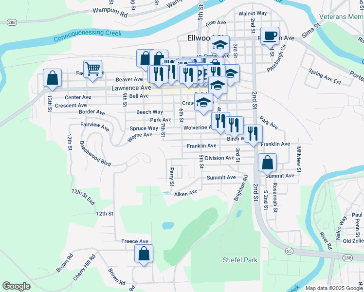 map of restaurants, bars, coffee shops, grocery stores, and more near 695 6th Street in Ellwood City