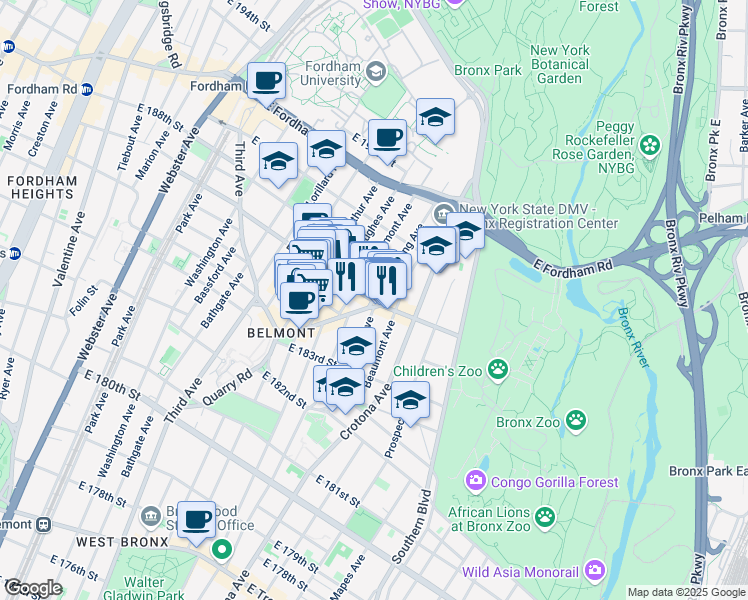 map of restaurants, bars, coffee shops, grocery stores, and more near East 187th Street & Cambreleng Avenue in Bronx