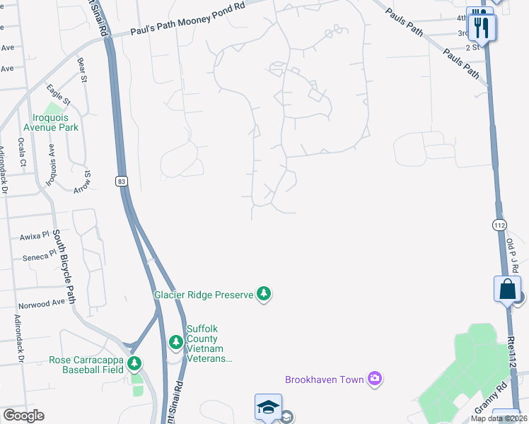 map of restaurants, bars, coffee shops, grocery stores, and more near 923 Skyline Drive in Coram