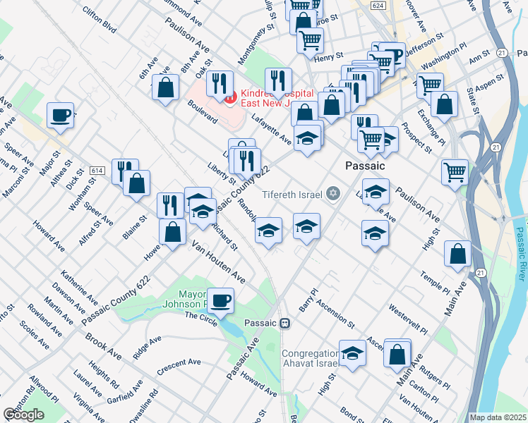 map of restaurants, bars, coffee shops, grocery stores, and more near 19 Offord Street in Passaic