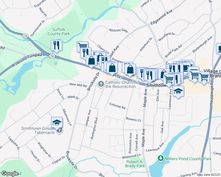 map of restaurants, bars, coffee shops, grocery stores, and more near 29 Mayflower Avenue in Smithtown
