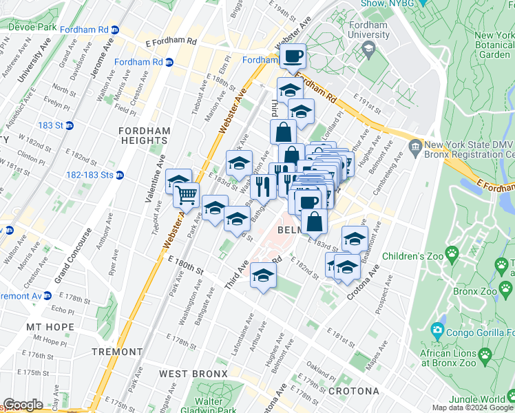map of restaurants, bars, coffee shops, grocery stores, and more near 2285 Bathgate Avenue in The Bronx