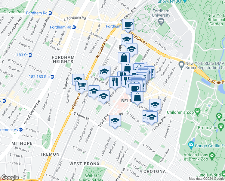 map of restaurants, bars, coffee shops, grocery stores, and more near 2285 Bathgate Avenue in Bronx