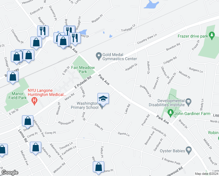 map of restaurants, bars, coffee shops, grocery stores, and more near 833 Park Avenue in Huntington