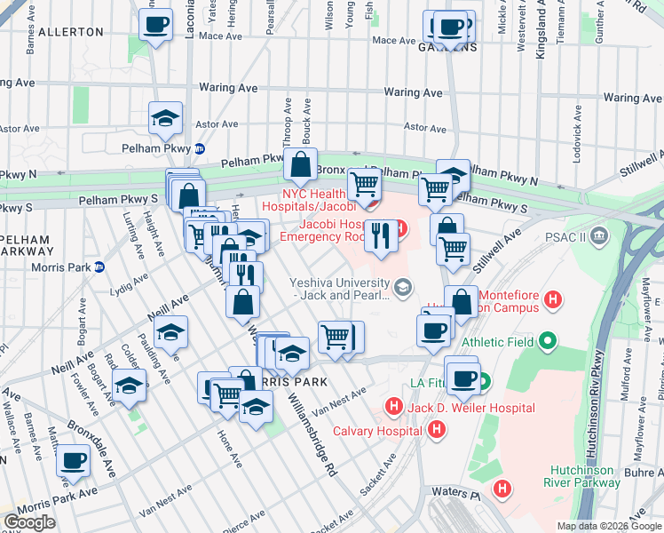 map of restaurants, bars, coffee shops, grocery stores, and more near 1225 Rhinelander Avenue in Bronx