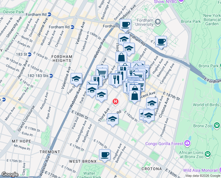 map of restaurants, bars, coffee shops, grocery stores, and more near in The Bronx