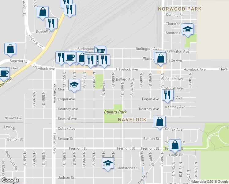 map of restaurants, bars, coffee shops, grocery stores, and more near 6507 Morrill Avenue in Lincoln