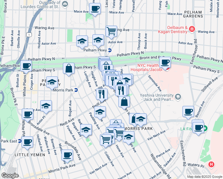 map of restaurants, bars, coffee shops, grocery stores, and more near 2005 Tomlinson Avenue in The Bronx
