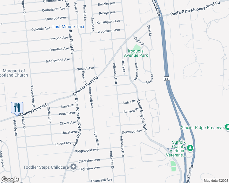 map of restaurants, bars, coffee shops, grocery stores, and more near 14 Oneida Avenue in Selden
