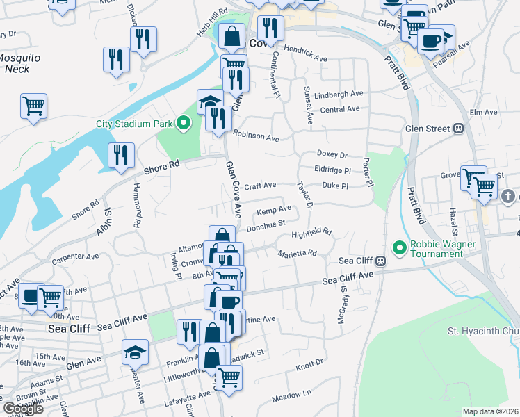map of restaurants, bars, coffee shops, grocery stores, and more near 3 Kemp Avenue in Glen Cove