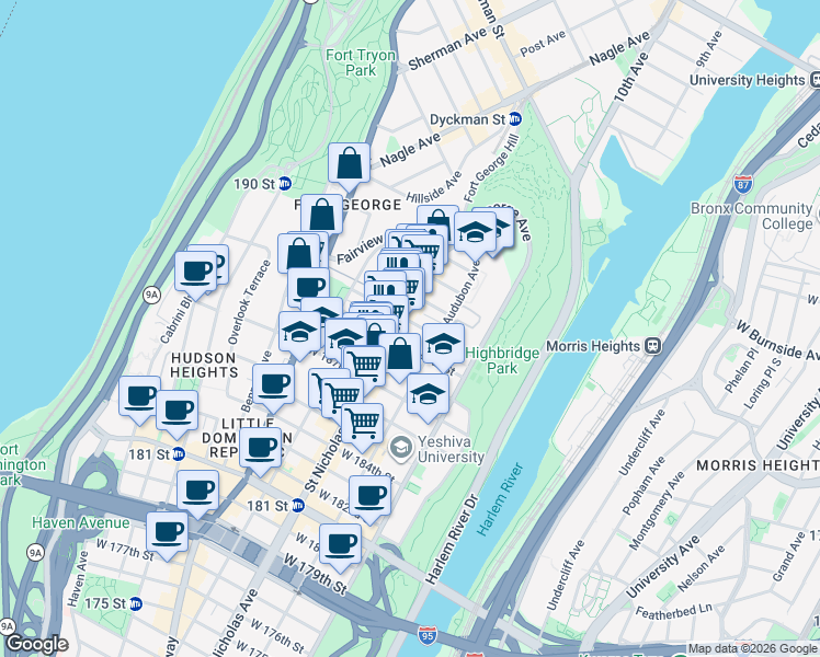 map of restaurants, bars, coffee shops, grocery stores, and more near 570 West 190th Street in New York