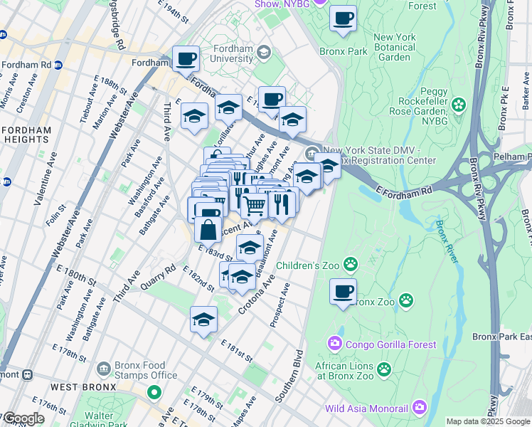 map of restaurants, bars, coffee shops, grocery stores, and more near 2400 Cambreleng Avenue in Bronx